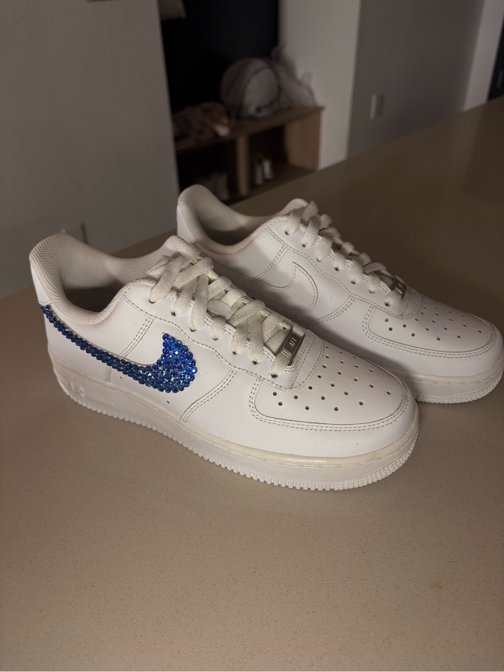 NIKE Air Force 1 Low White with SWAROVSKI Blue Crystal Swoosh